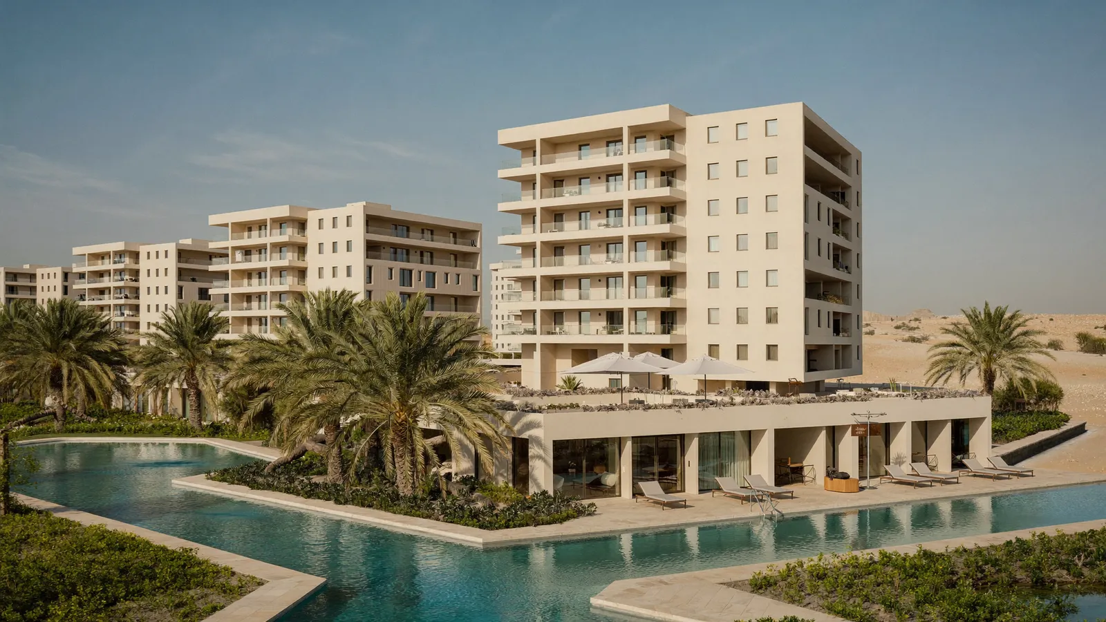Residential streets and buildings in Remraam, Dubai, served for AC repair