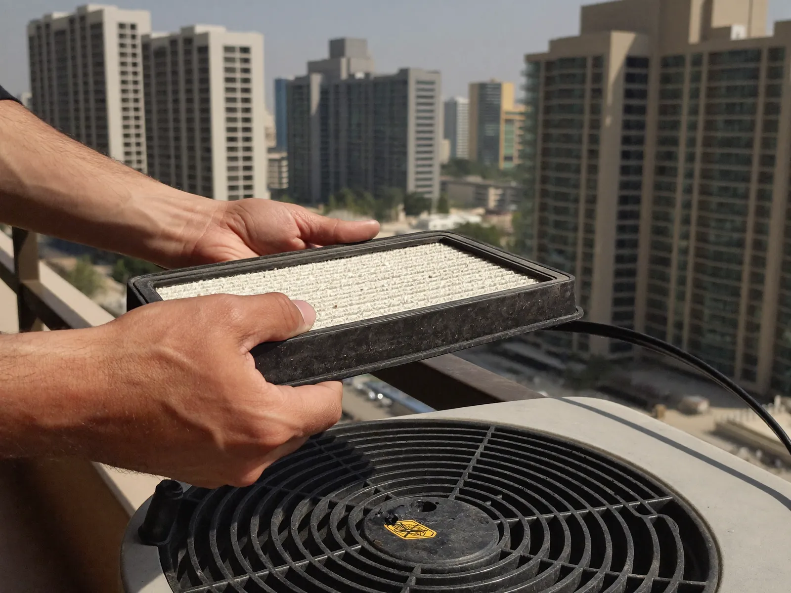 Technician cleaning a dusty split AC filter on a Dubai balcony
