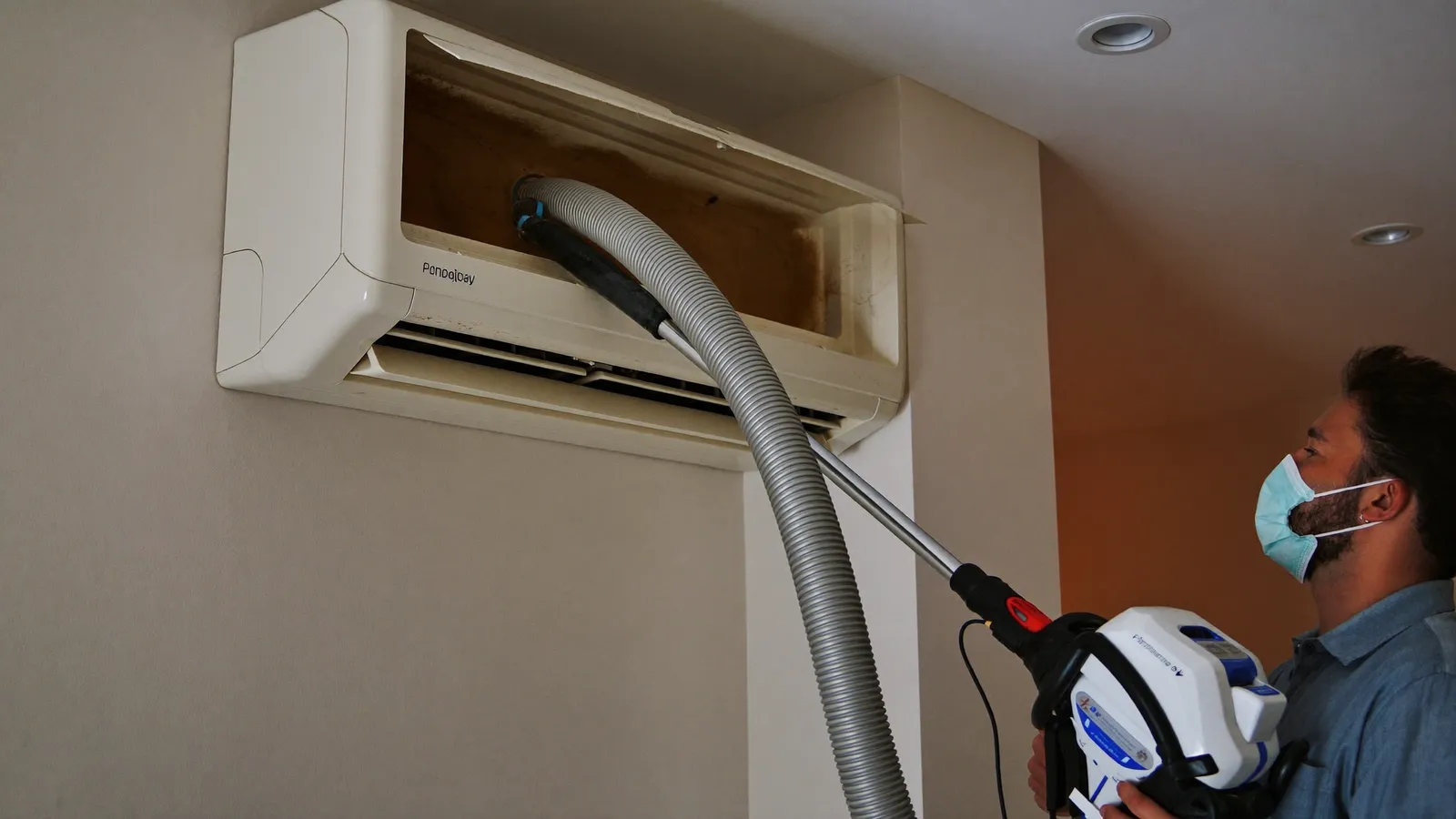 Rotary brush and HEPA vacuum cleaning an AC duct in a Dubai villa